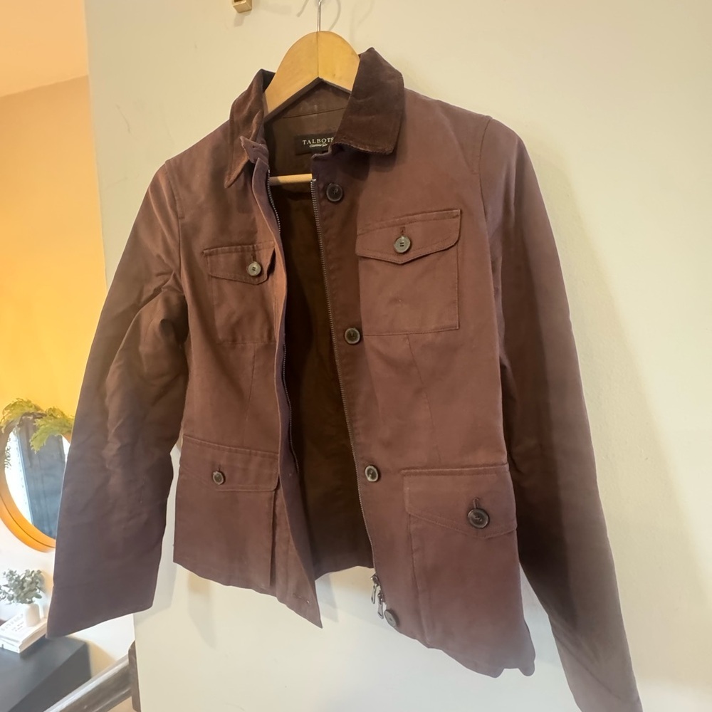 Talbots Chocolate Brown Utility Barn Coat Corduroy Trim Size 2 - Picture 7 of 8